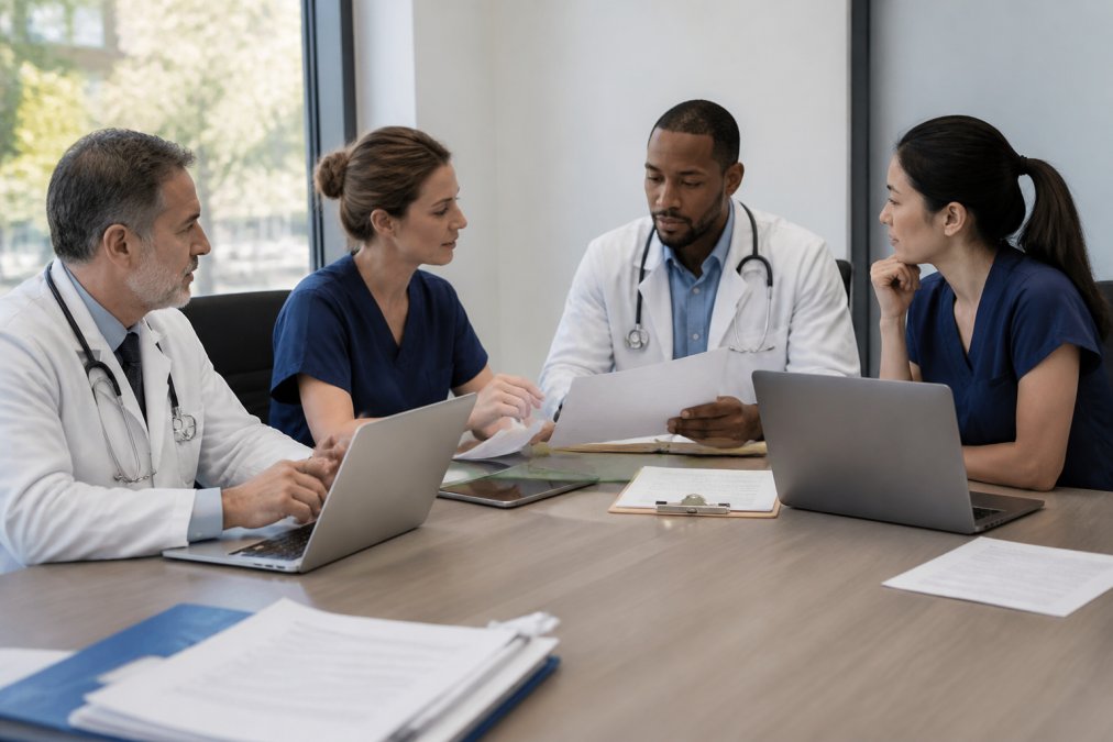 Healthcare team in a modern medical office reviewing compliance documentation and coding guidelines together at a conference table with laptops and patient charts visible