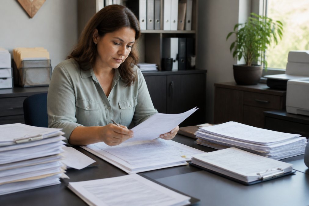 Small home health agency administrator reviewing patient records and billing documentation at desk with laptop and stacks of paperwork in modern office setting