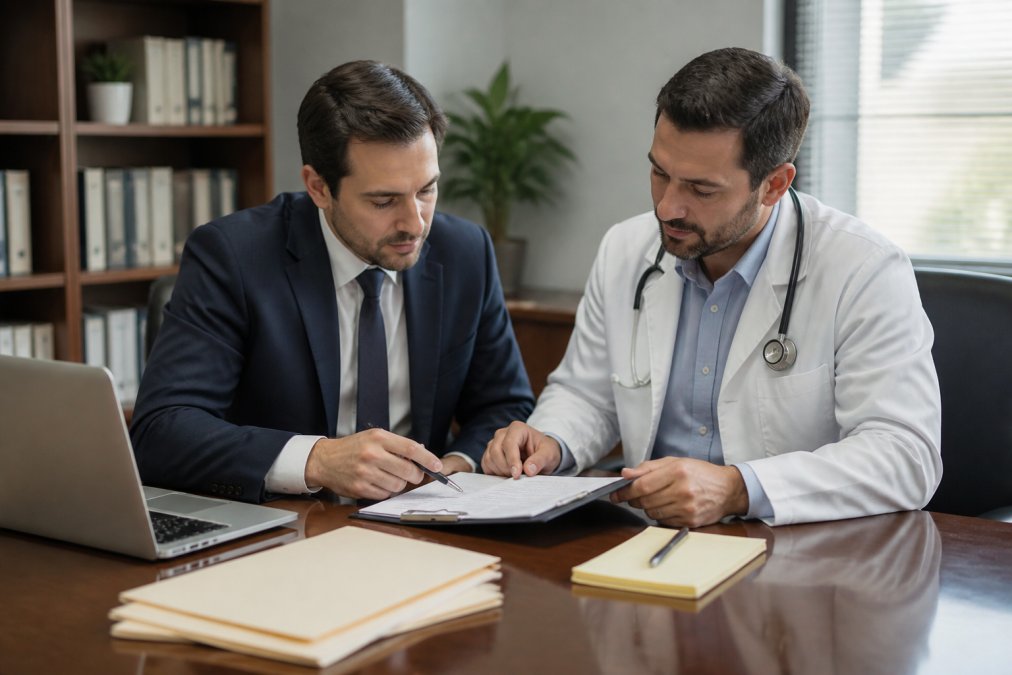Healthcare attorney and physician reviewing incorporation documents together at a desk, with a laptop, legal folders, and a notepad visible in a professional office setting