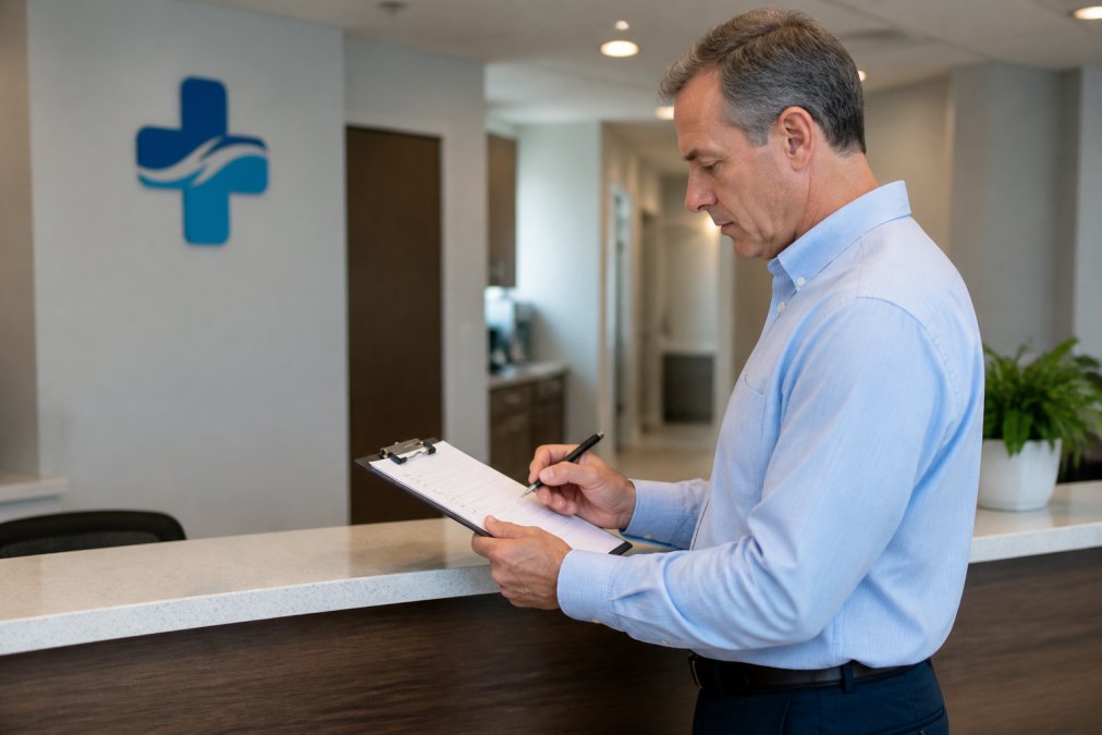 Medical practice owner or administrator reviewing a compliance checklist on a clipboard at a clean, modern clinic front desk, with soft overhead lighting and medical branding visible in the background