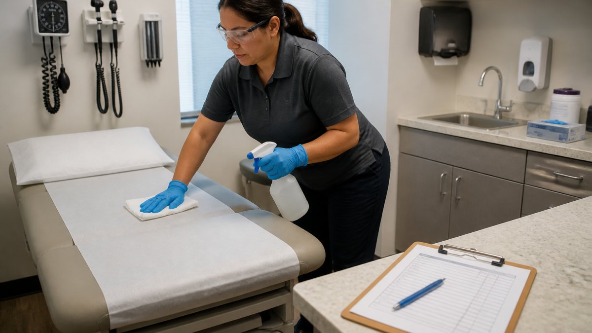 A cleaning professional in nitrile gloves and protective eyewear disinfecting a high-touch exam room table, with a clipboard checklist visible on the counter and bright clinical lighting