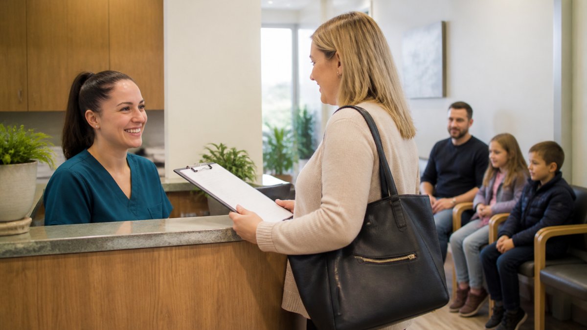 A friendly receptionist at a bright, welcoming medical clinic front desk speaking with a patient holding a clipboard, with a family seated in the waiting area behind them