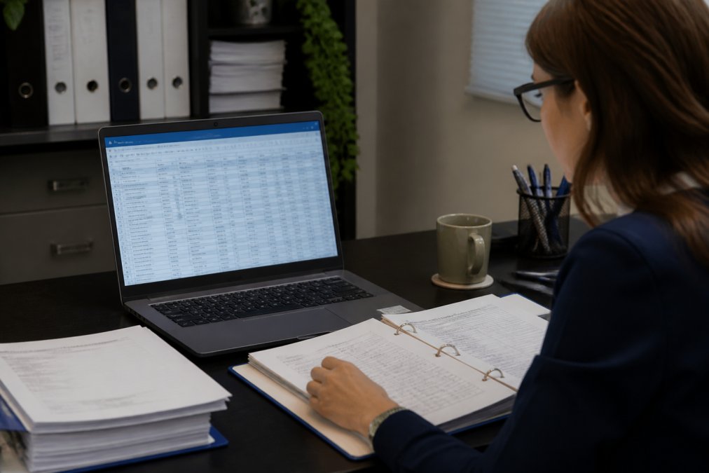 Regulatory affairs professional working at a desk with design control documentation and a laptop showing a structured spreadsheet with ISO 13485 requirements visible, organized columns for traceability linkages in a modern office setting