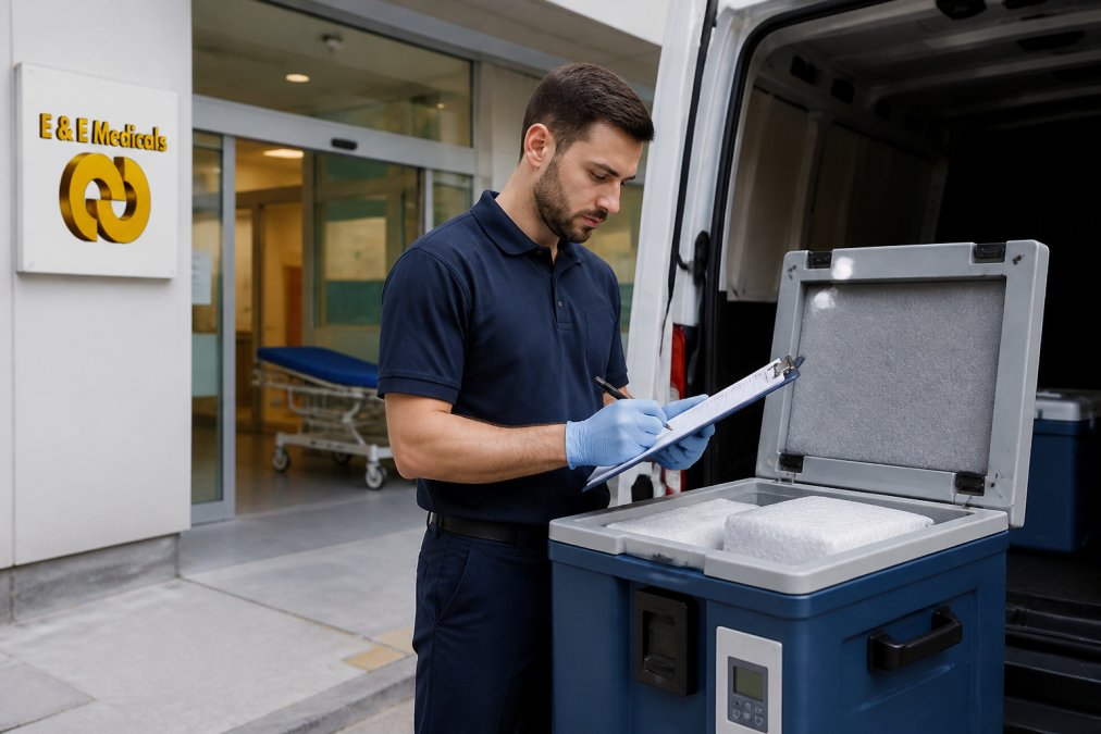 Medical courier checking a compliance list for medical equipment delivery at a hospital loading bay
