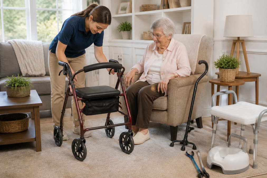 Caregiver helping a senior with medical equipment for home care agencies like a rollator and daily living aids