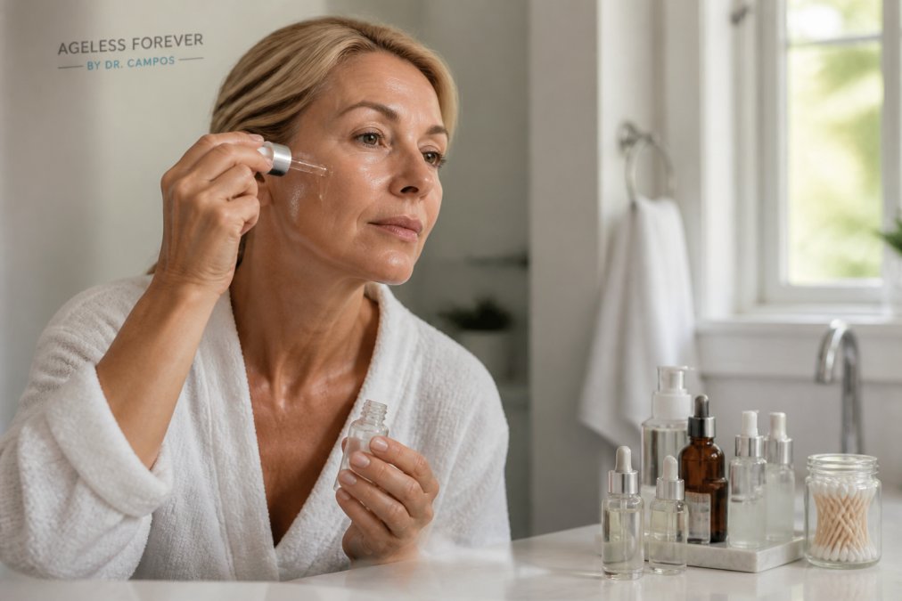 A woman in her fifties applying serum to her face at a bathroom vanity, with several skincare bottles arranged neatly beside her, soft natural lighting