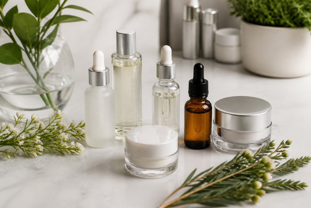 Close-up of premium skincare bottles and serums arranged on a clean white surface with fresh botanicals and natural light, emphasizing clinical-grade product quality and formulation sophistication