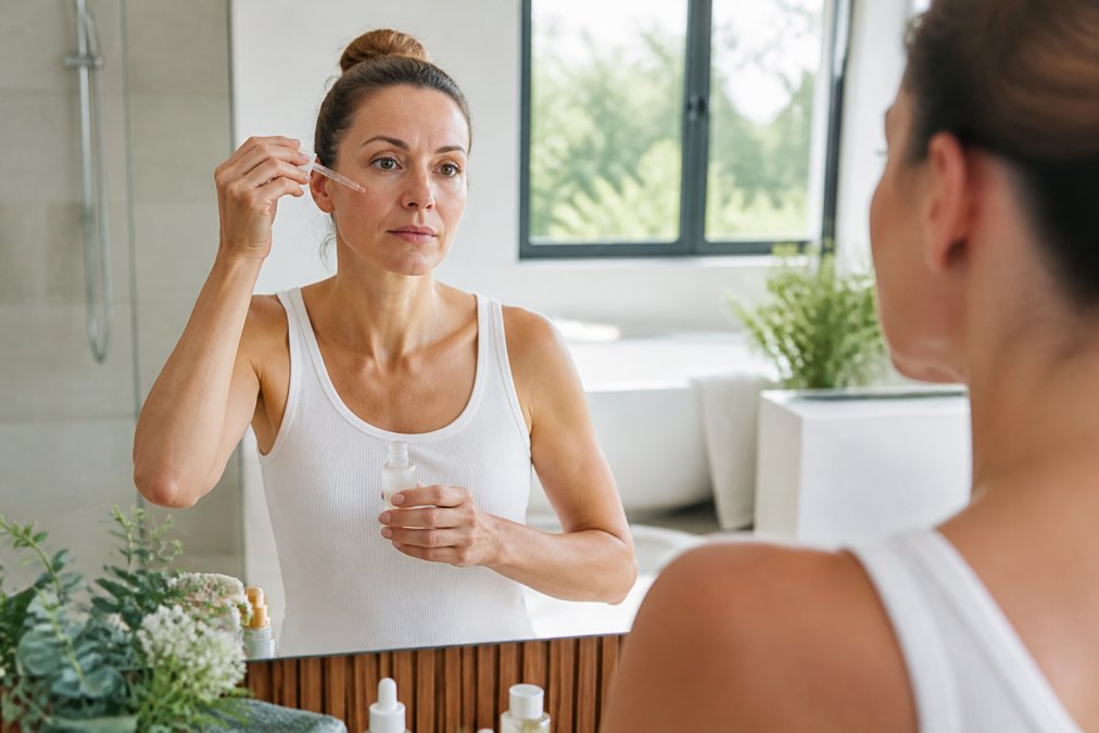 Woman in her 40s applying serum to her face in a bright, minimalist bathroom with natural light, demonstrating proper skincare application technique and intentional skincare ritual