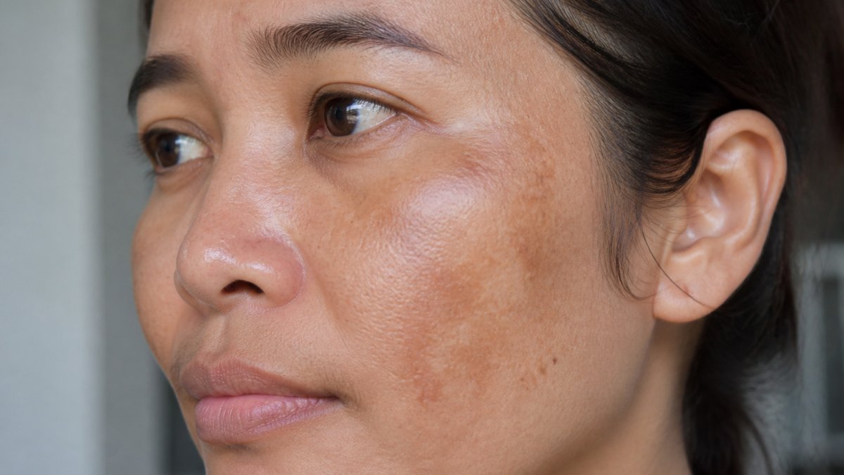 Close-up of a person's face showing visible hyperpigmentation and dark spots on the cheek and forehead in natural lighting