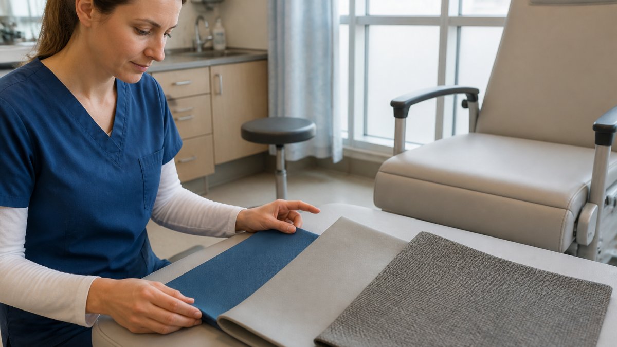 Professional healthcare worker examining close-up samples of vinyl, polyurethane, and performance fabric upholstery materials arranged on examination table in clinical setting with natural lighting from windows