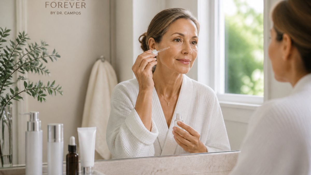 A woman in her fifties with calm, hydrated skin applying a serum at a bathroom vanity, with a small row of skincare bottles and a mineral sunscreen tube arranged beside the mirror in soft daylight