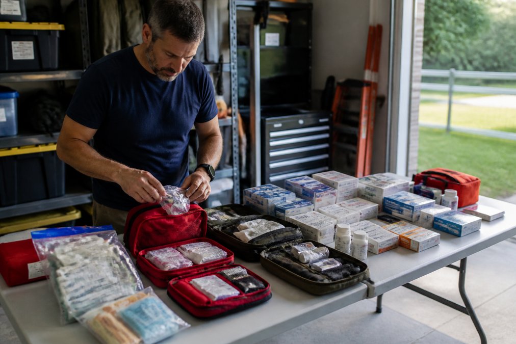 A person in a home garage organizing first aid supplies into modular pouches on a folding table, with boxes of bandages, sterile gauze, and medication bottles arranged in rows under warm overhead lighting