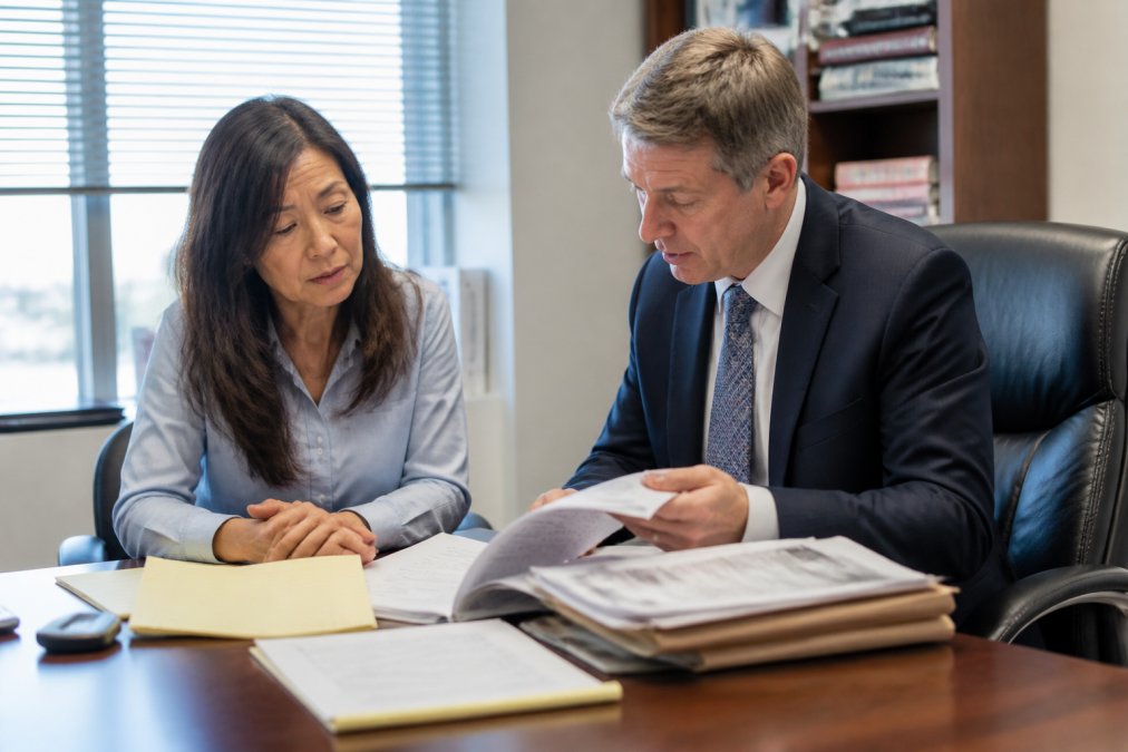 Medical malpractice attorney in professional office reviewing medical documents and records with patient at desk, natural office lighting