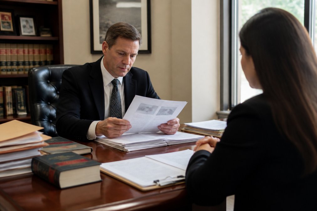 Attorney in professional office reviewing medical records and documents with client sitting across desk in natural office lighting