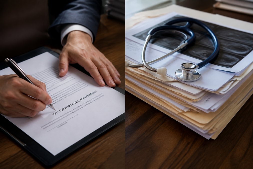 Close-up of hands signing a contingency fee agreement document at a law office desk with medical records in background