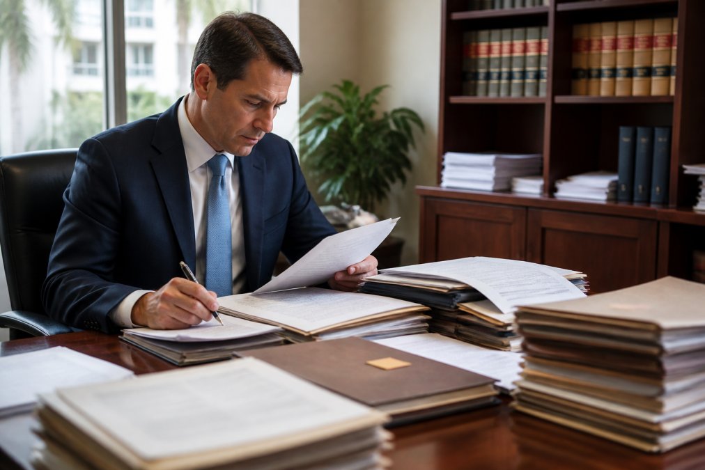 Attorney reviewing case files to prove medical negligence Hawaii in a law office setting
