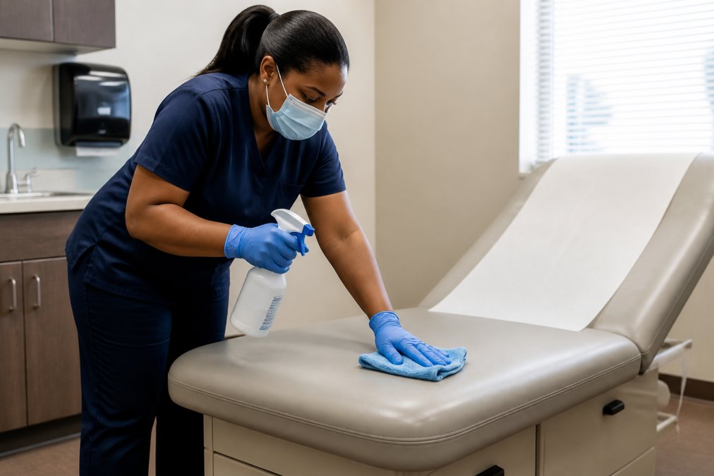 A janitorial worker in blue gloves and a face mask wiping down a medical examination table with a microfiber cloth and EPA-registered disinfectant spray in a bright, clean clinic room