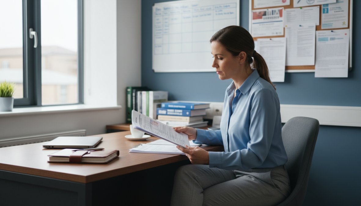 A focused female medical office administrator in professional attire sitting at a clean modern desk, reviewing patient records on a desktop computer screen in a well-lit healthcare office, with a phone and organised files nearby