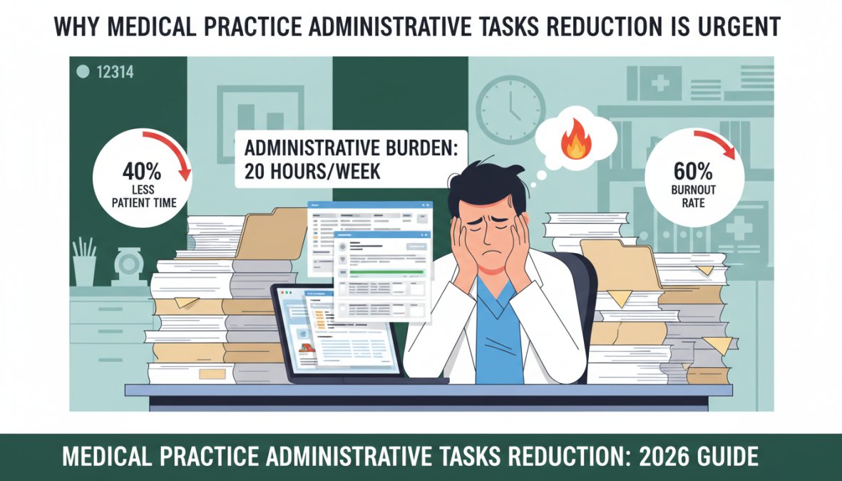 A visibly stressed physician sitting at a desk surrounded by stacks of paperwork and a computer screen showing an EHR interface, under fluorescent office lighting in a clinical setting