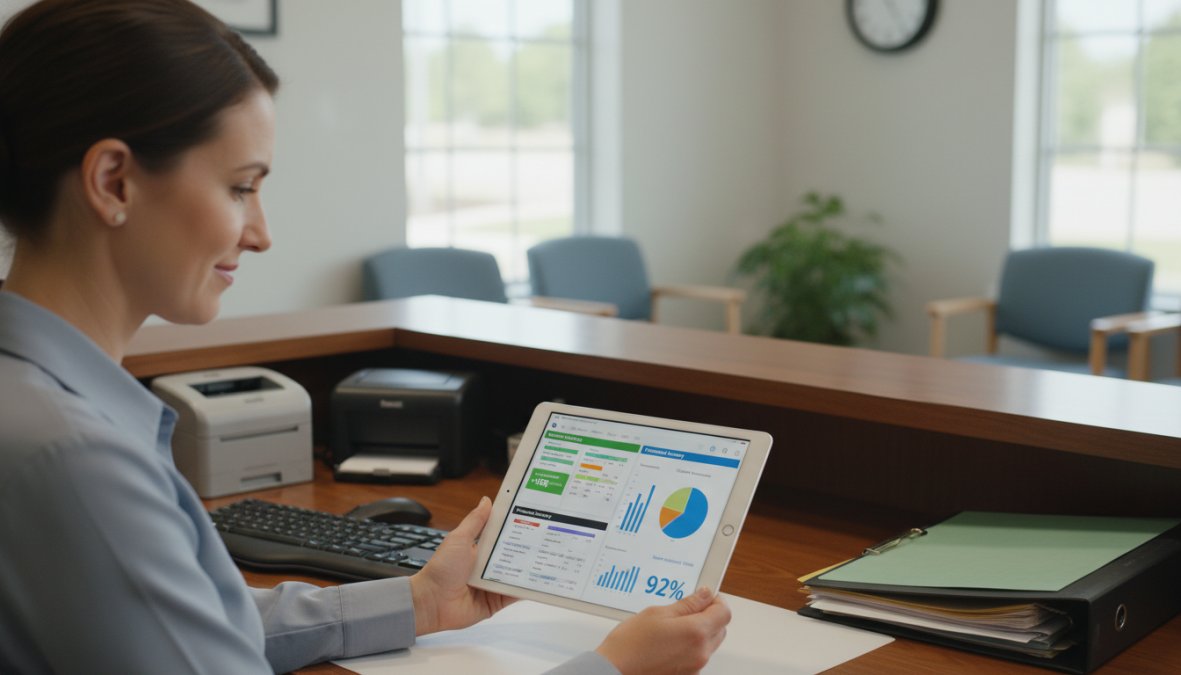 A medical office administrator reviewing AI-generated scheduling and billing summaries on a modern tablet, with a clean and organized front desk visible in the background under bright overhead lighting