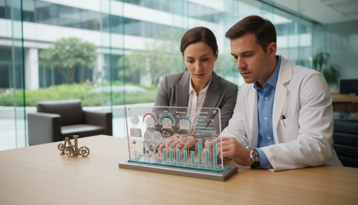 A physician and practice manager sitting side by side at a modern desk, both looking at a financial dashboard displayed on a tablet, focused expressions, bright contemporary medical office with glass walls and natural light