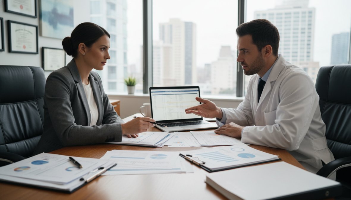 A healthcare consultant sitting across from a physician at a desk, reviewing printed reports and a laptop screen together in a professional medical office setting, warm overhead lighting, both parties engaged in discussion