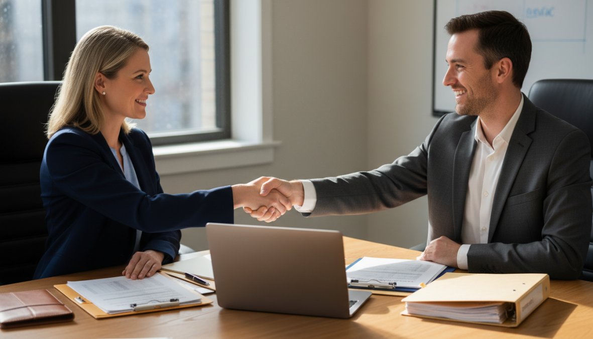 A practice administrator and a business advisor shaking hands in a bright conference room, documents and a laptop open on the table between them, natural light from large windows, professional attire, both smiling