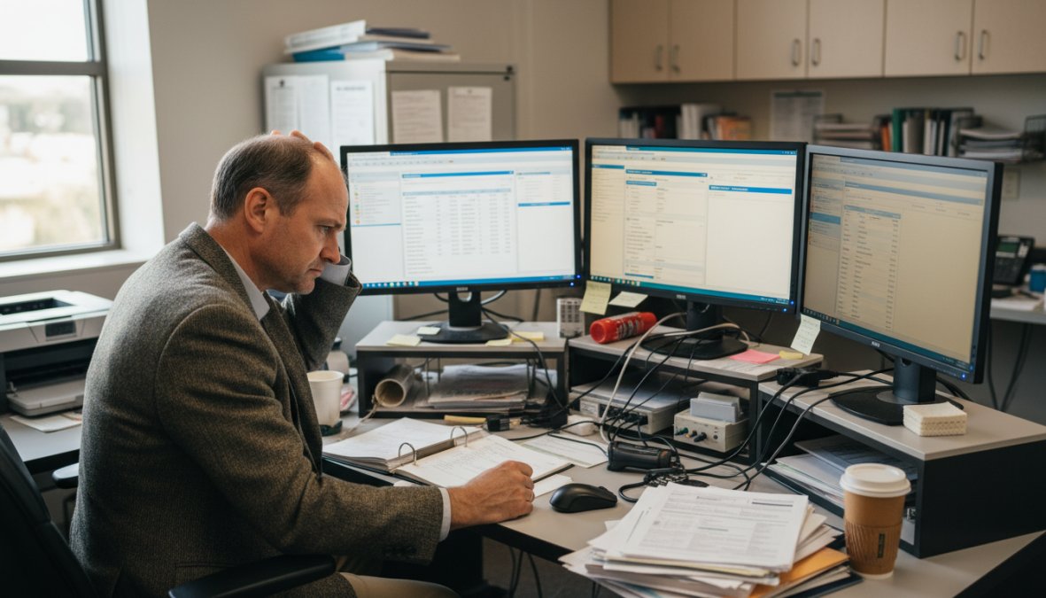 A healthcare administrator looking frustrated at multiple computer screens displaying different [medical](/reduce-medical-claim-rejections/) software interfaces in a clinical office setting, fluorescent overhead lighting, stacks of paper charts visible on the desk beside the monitors