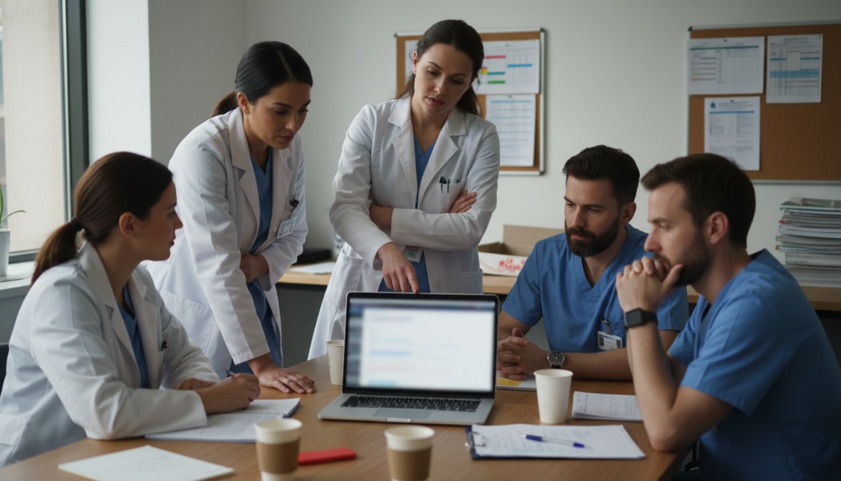 A small group of medical staff gathered around a laptop in a clinic break room, one person pointing at the screen during a software training session, warm overhead lighting, coffee cups on the table, relaxed but focused expressions