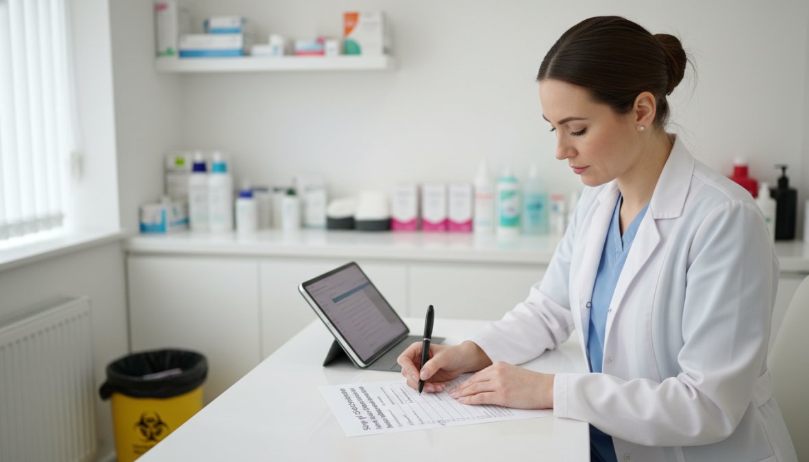 An aesthetic clinic practitioner in a white clinical coat reviewing a printed checklist at a treatment room desk, with neatly organised clinical supplies and equipment visible in the background under bright overhead lighting