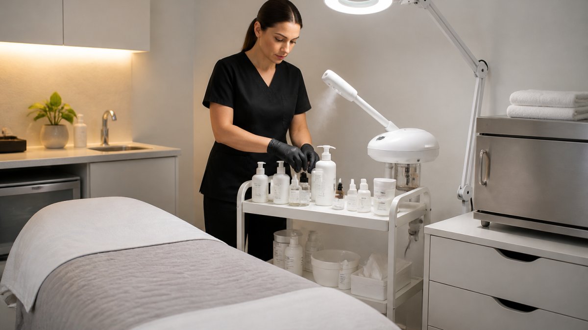 Professional esthetician working at a fully equipped treatment station with massage table, facial steamer, organized supply cart, hot towel warmer, and magnifying lamp in a clean clinical setting with soft lighting