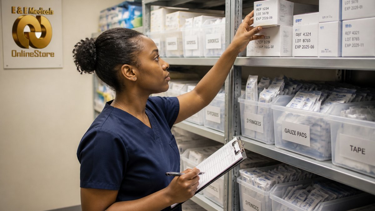 Healthcare worker organizing medical supplies on shelves in a well-lit storeroom with labeled bins and clearly visible expiration dates on products, using a clipboard to verify inventory