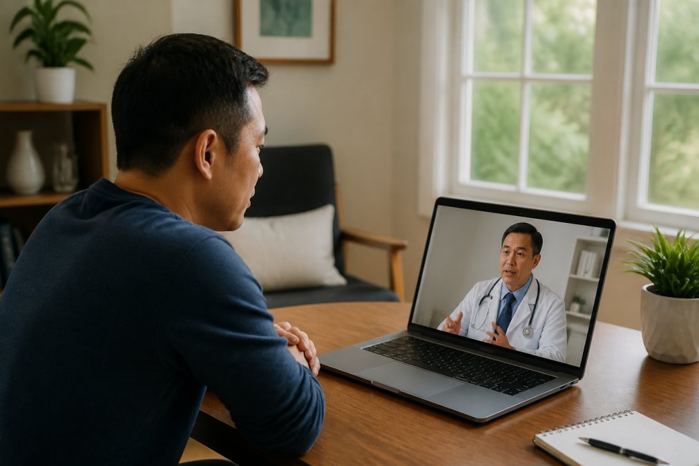 Male patient in telehealth consultation with physician on laptop screen, sitting in comfortable home office with natural lighting, calm and professional medical setting