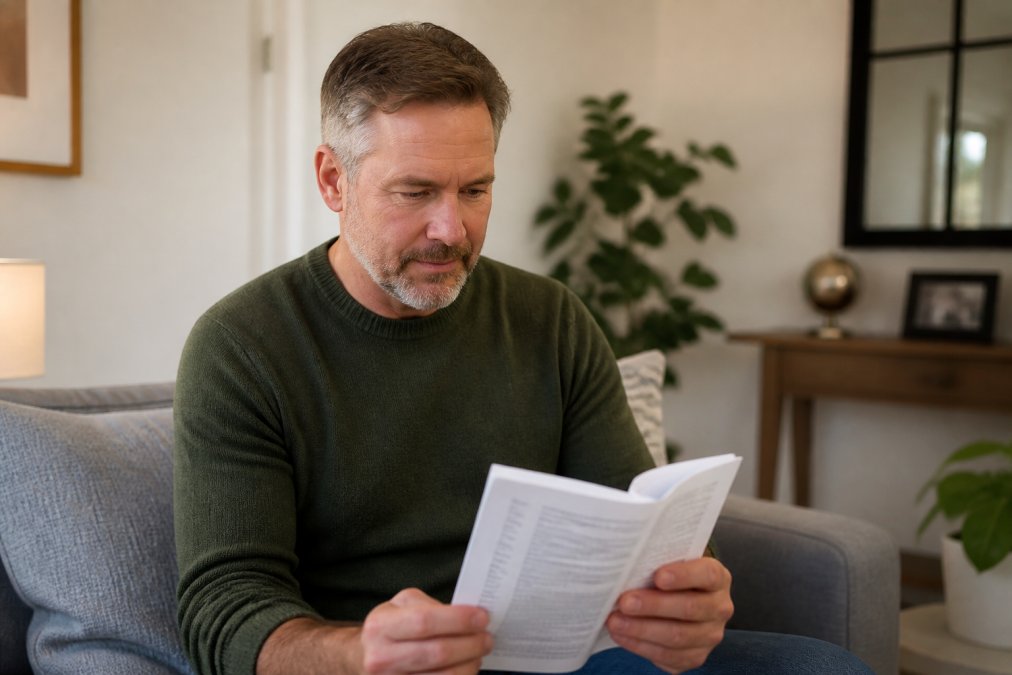 Middle-aged man reviewing health information on tablet with confident expression, sitting in well-lit home environment, representing informed patient engagement and medical decision-making