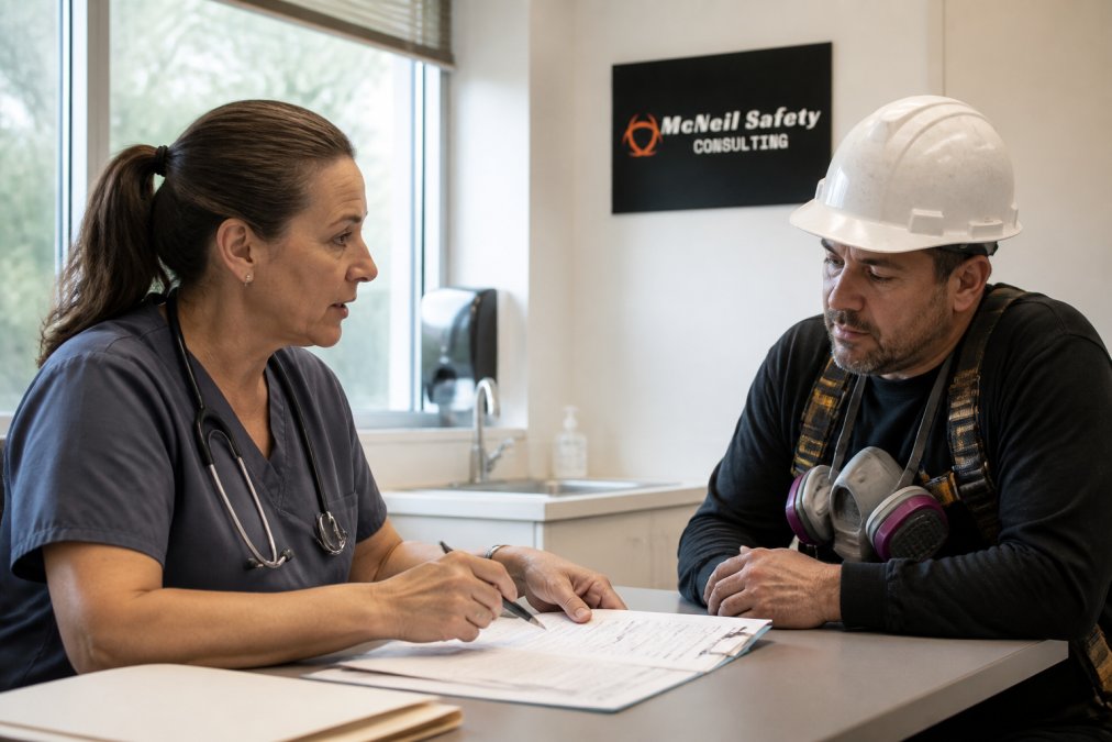 Occupational health professional conducting baseline health assessment with industrial worker in clinical setting, reviewing medical records and discussing respiratory protection requirements with natural lighting