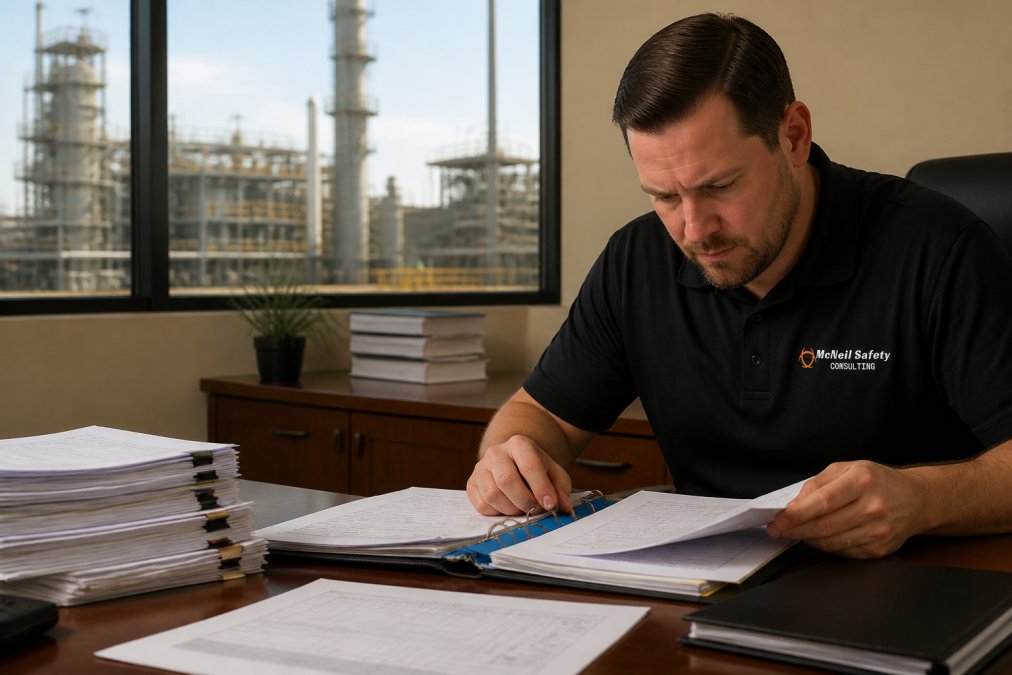Safety manager reviewing compliance documents and medical surveillance data at desk with industrial facility visible through window, modern office lighting