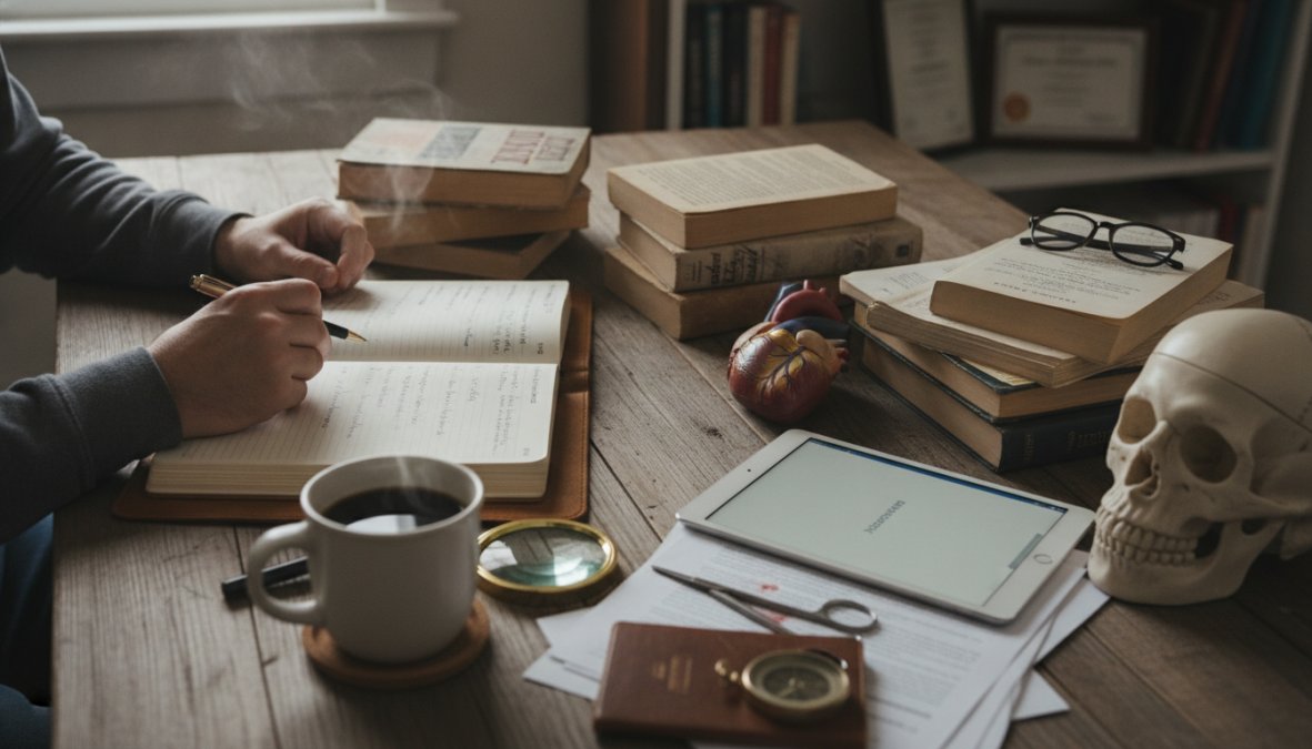 Person reading a medical thriller book on a comfortable couch with a cup of coffee and notebook nearby, focused and engaged