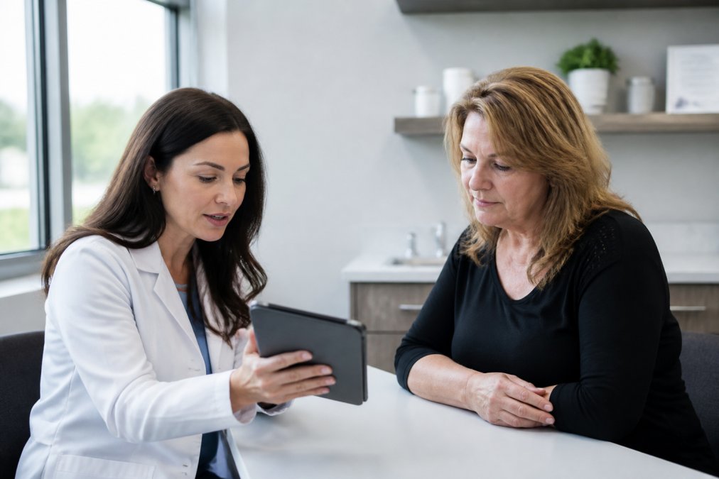 A physician in a white coat consulting with a patient in a bright, modern medical office, reviewing a tablet together