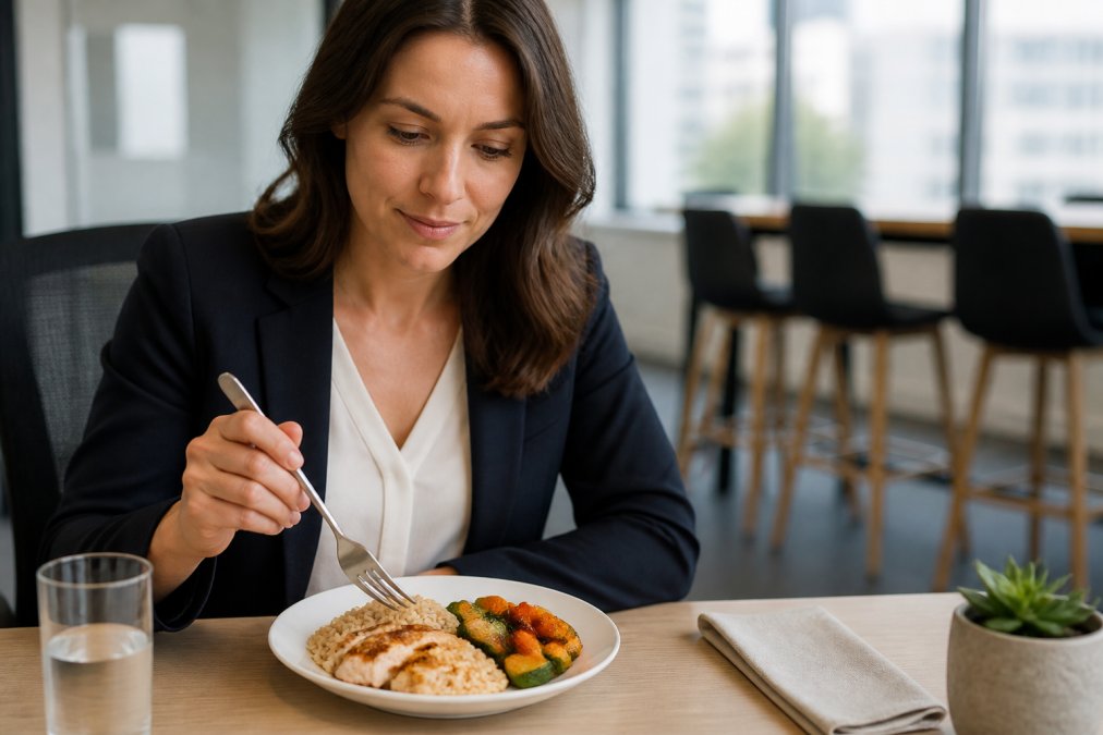 Professional eating a balanced meal at their desk during work, with visible portions of grilled chicken, roasted vegetables, and brown rice on a modern white plate