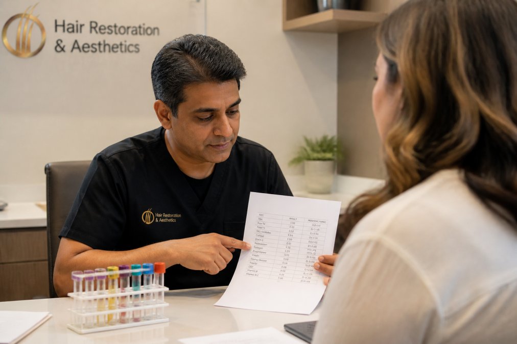 Healthcare provider reviewing patient's blood panel results and metabolic health markers during a consultation in a modern clinical setting with warm lighting