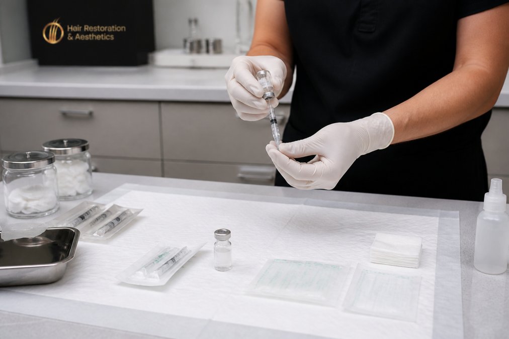 Medical professional preparing injection treatment in a sterile clinical environment with proper equipment, gloved hands, and clean workspace under clinical lighting