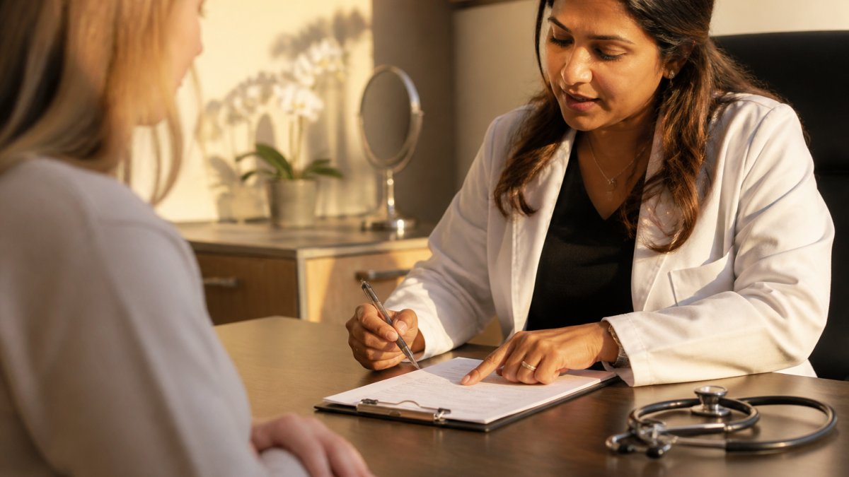 Healthcare provider discussing a medical weight loss for hormonal imbalance plan with a patient in a clinic.