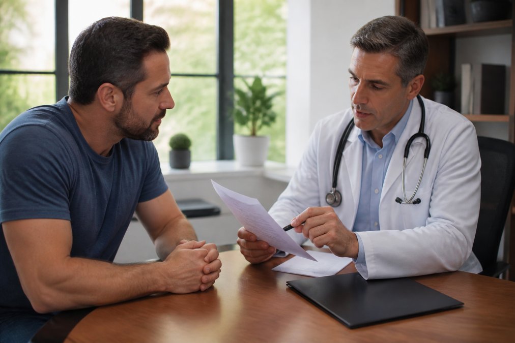 Physician in white coat reviewing lab results with male patient during telehealth consultation on laptop screen, modern home office setting with natural lighting