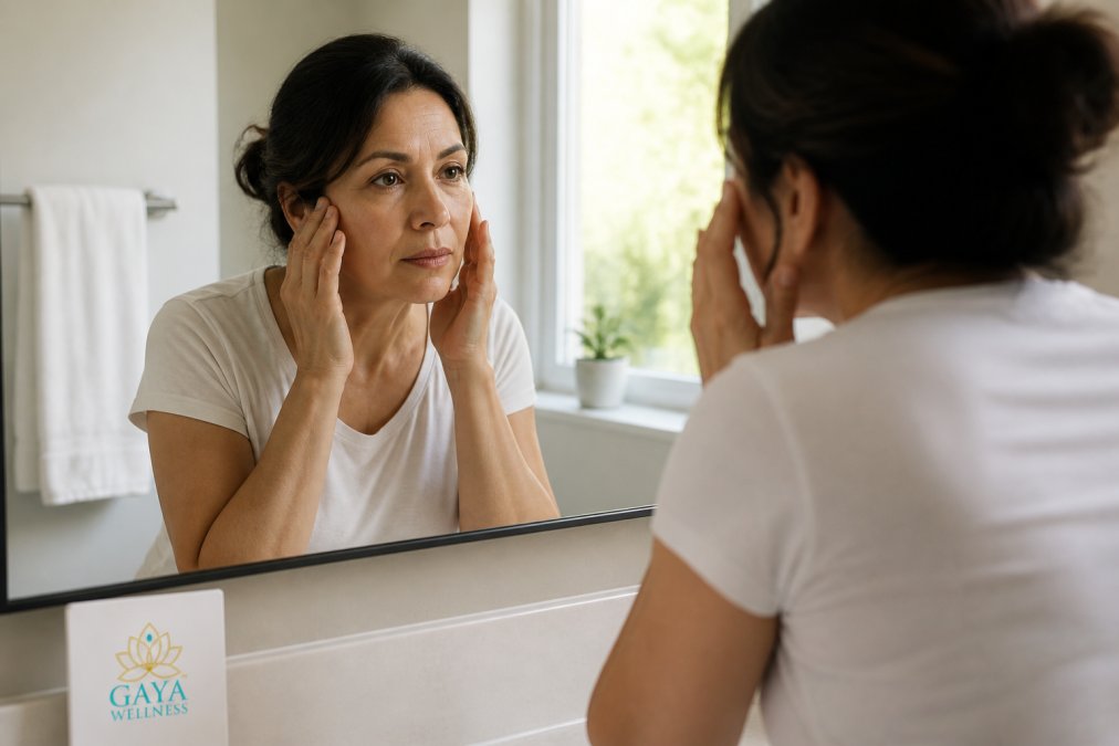 Woman in her late 40s gazing thoughtfully at her reflection in a bathroom mirror with soft morning light streaming through a window, hands touching her face with a contemplative expression