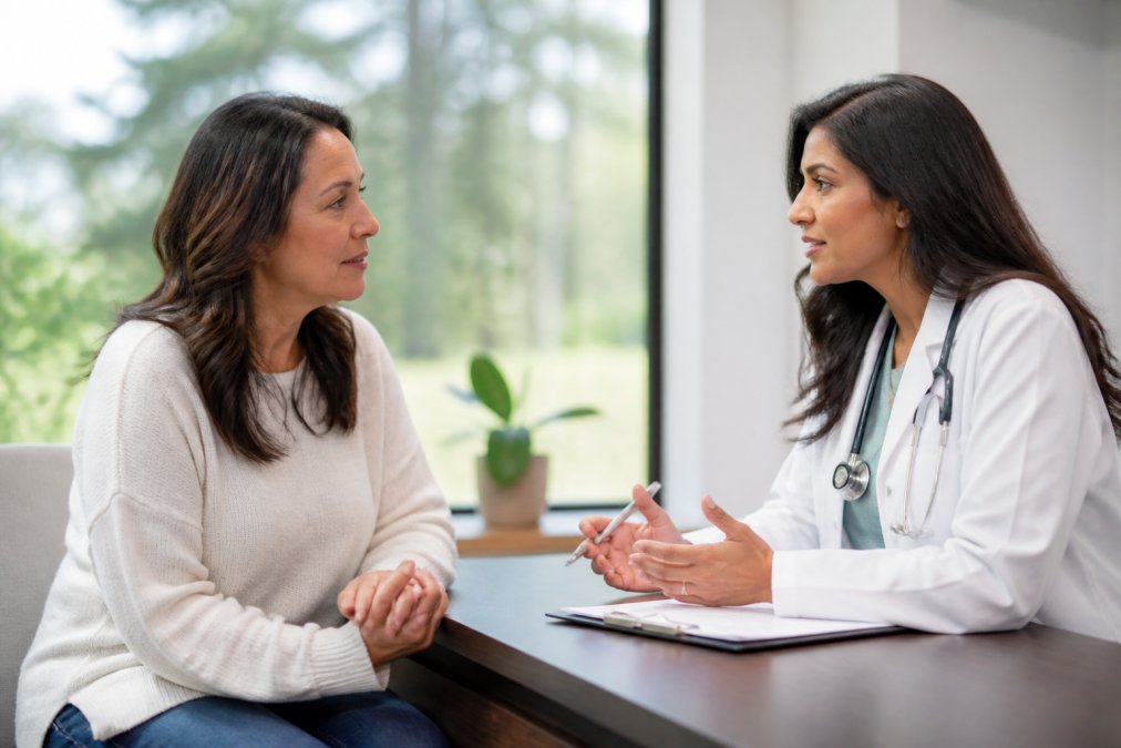 A woman in her late 40s sitting across from a female physician in a bright, modern clinic office, both leaning forward in focused conversation, warm natural light through large windows, conveying trust and attentive care