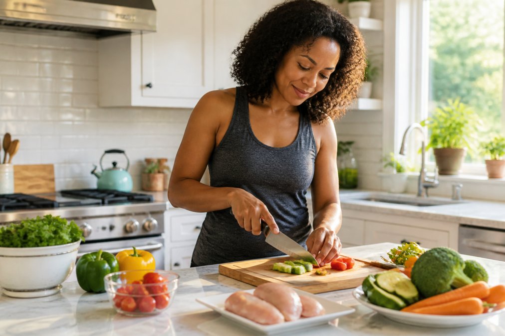 Active adult preparing balanced meal at home, chopping vegetables and arranging proteins on cutting board, bright kitchen with natural sunlight, demonstrating sustainable nutrition habits