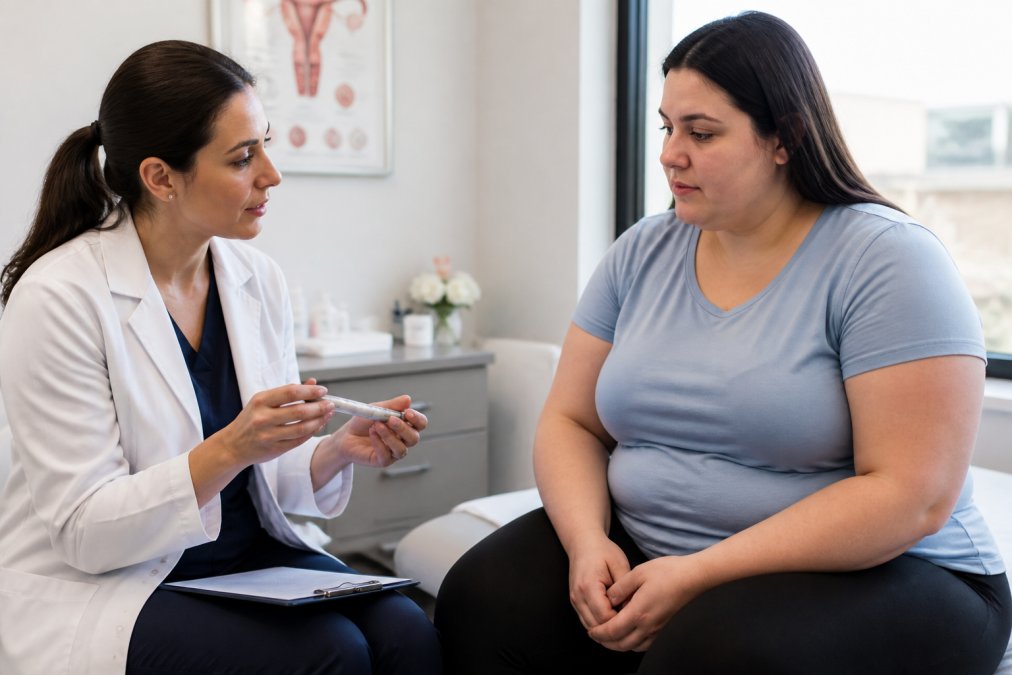 Professional healthcare provider discussing medication options with patient in modern clinical consultation room with natural lighting and medical charts visible