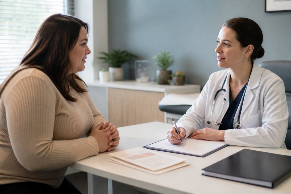 Woman in consultation with female GP in modern clinic setting, both seated at desk with medical notes and health records visible, warm and supportive atmosphere