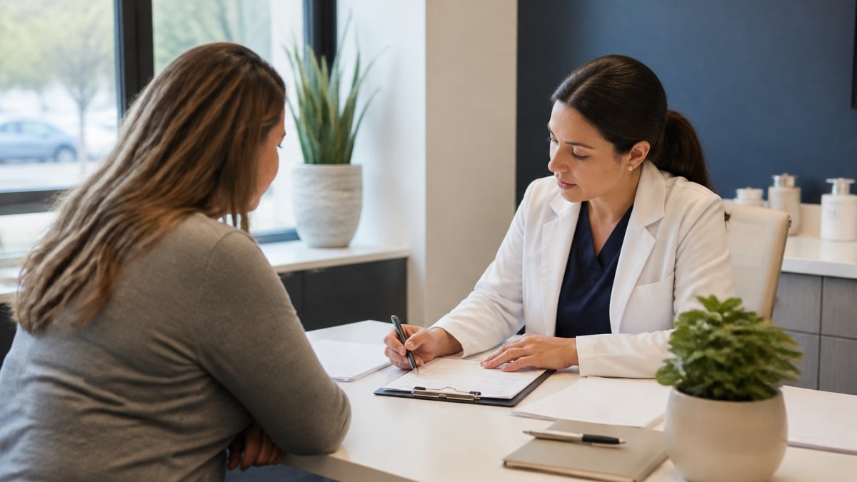 Patient discussing a personalized medical weight loss plan with a doctor in a clinic office.