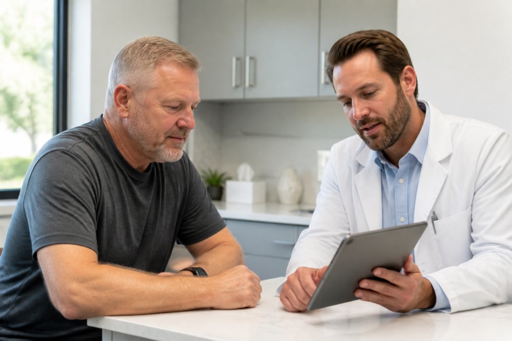 A man in his 50s talking with a doctor in a bright, modern clinic office, both looking at a health chart on a tablet, warm and professional atmosphere
